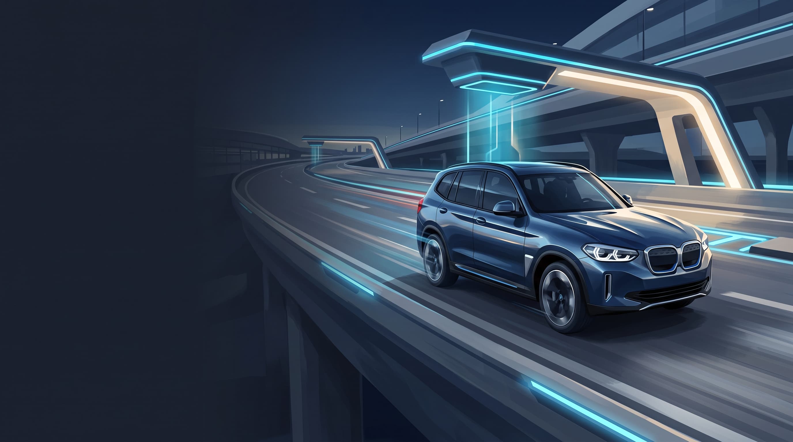 AI-generated editorial illustration of a BMW-inspired vehicle for BMW iX3 Demonstrates Rapid Charging Potential for Long-Distance Highway Travel