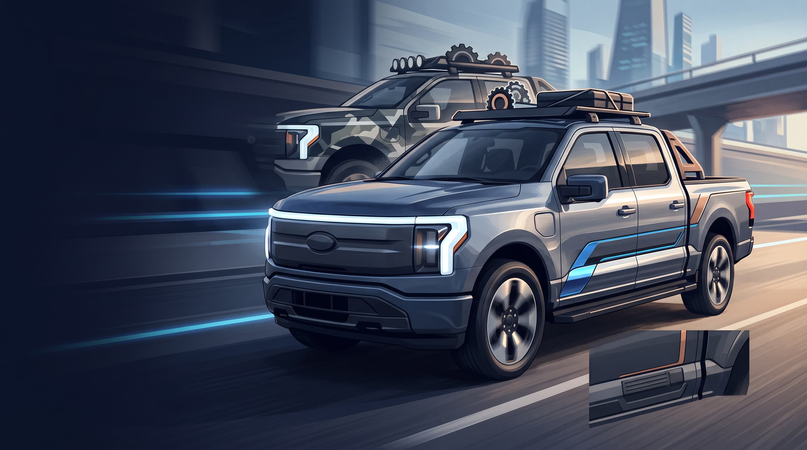 AI-generated editorial illustration of a Ford-inspired vehicle for Slate Unveils Custom Starter Packs to Keep Its $25K EV Pickup Personal and Affordable