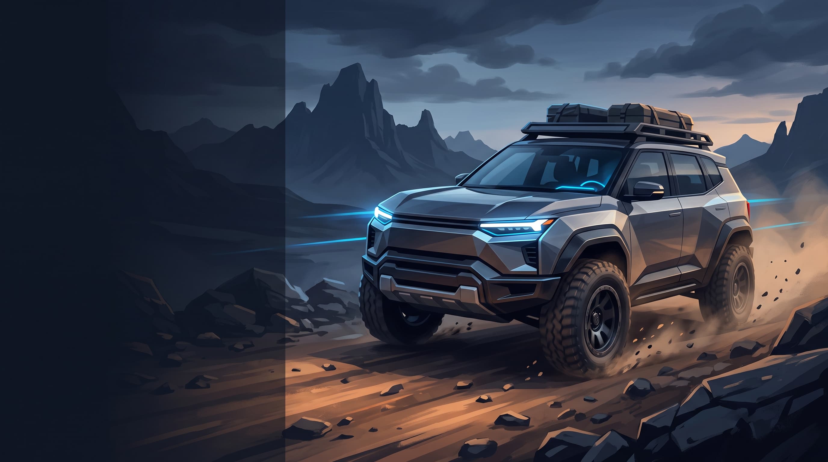 AI-generated editorial illustration of a ADVENTURE-inspired vehicle for Hankook Survey: Most Americans Prefer Gas Engines Over EVs for Off-Road Trips