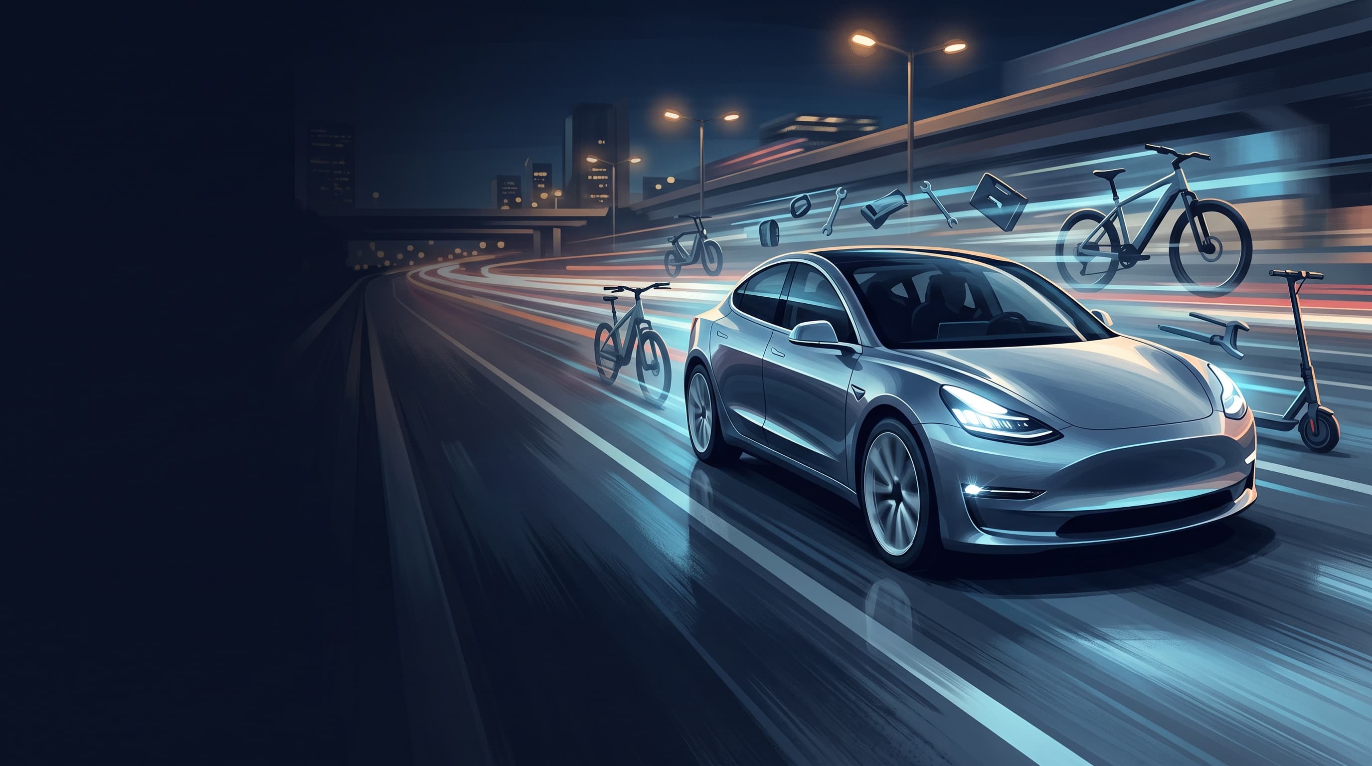 AI-generated editorial illustration of a Tesla-inspired vehicle for Major EV Markdowns Hit Heybike, Segway, Aventon, and Essential Garage Gear