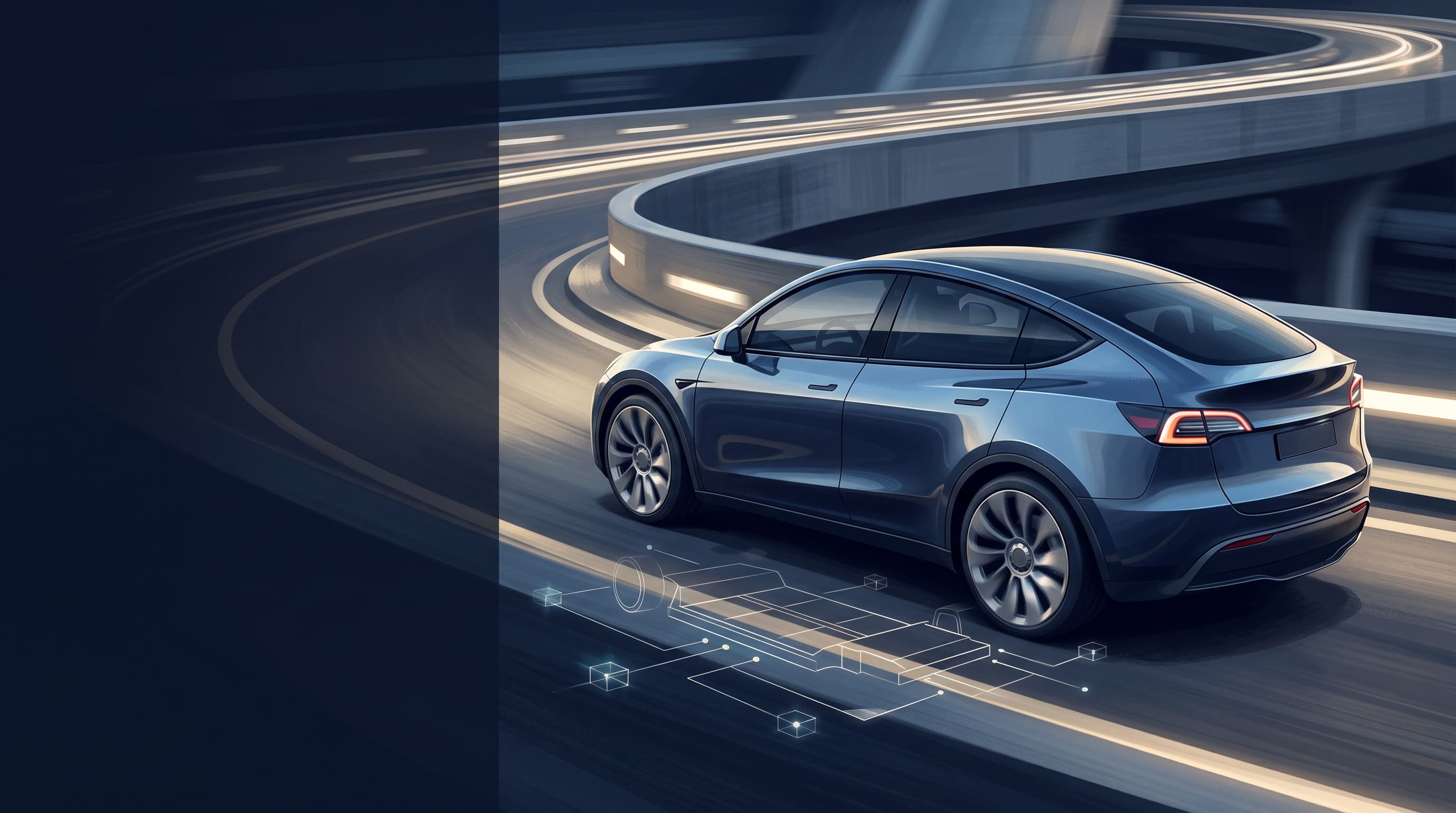 AI-generated editorial illustration of a Tesla-inspired vehicle for Volvo Files EX50 Trademark, Hinting at New EV Set to Utilize Advanced SPA3 Platform