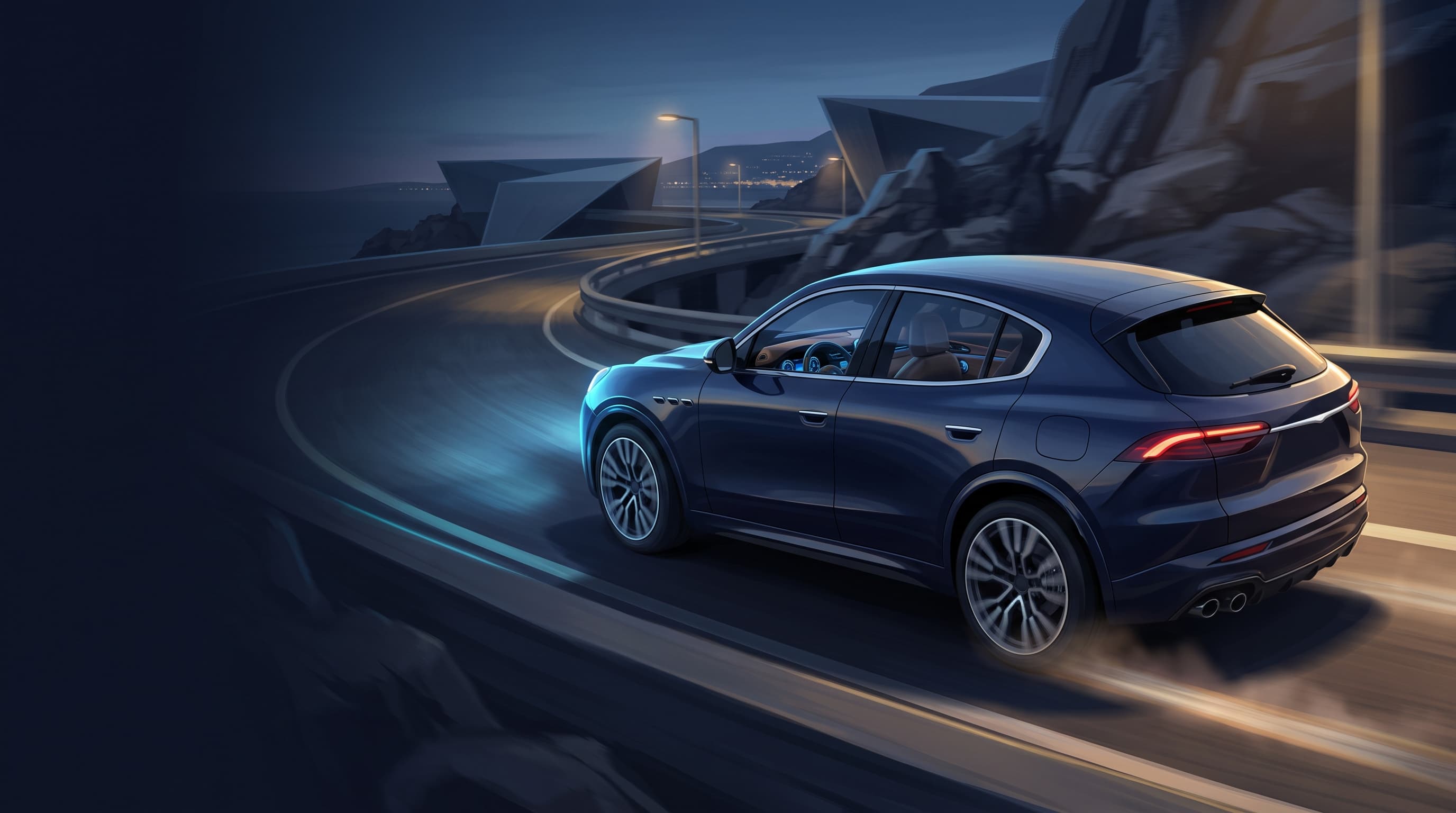 AI-generated editorial illustration of a Maserati-inspired vehicle for 2027 Maserati Grecale Brings Freshened Styling, New Base Trim, and Updated Tech