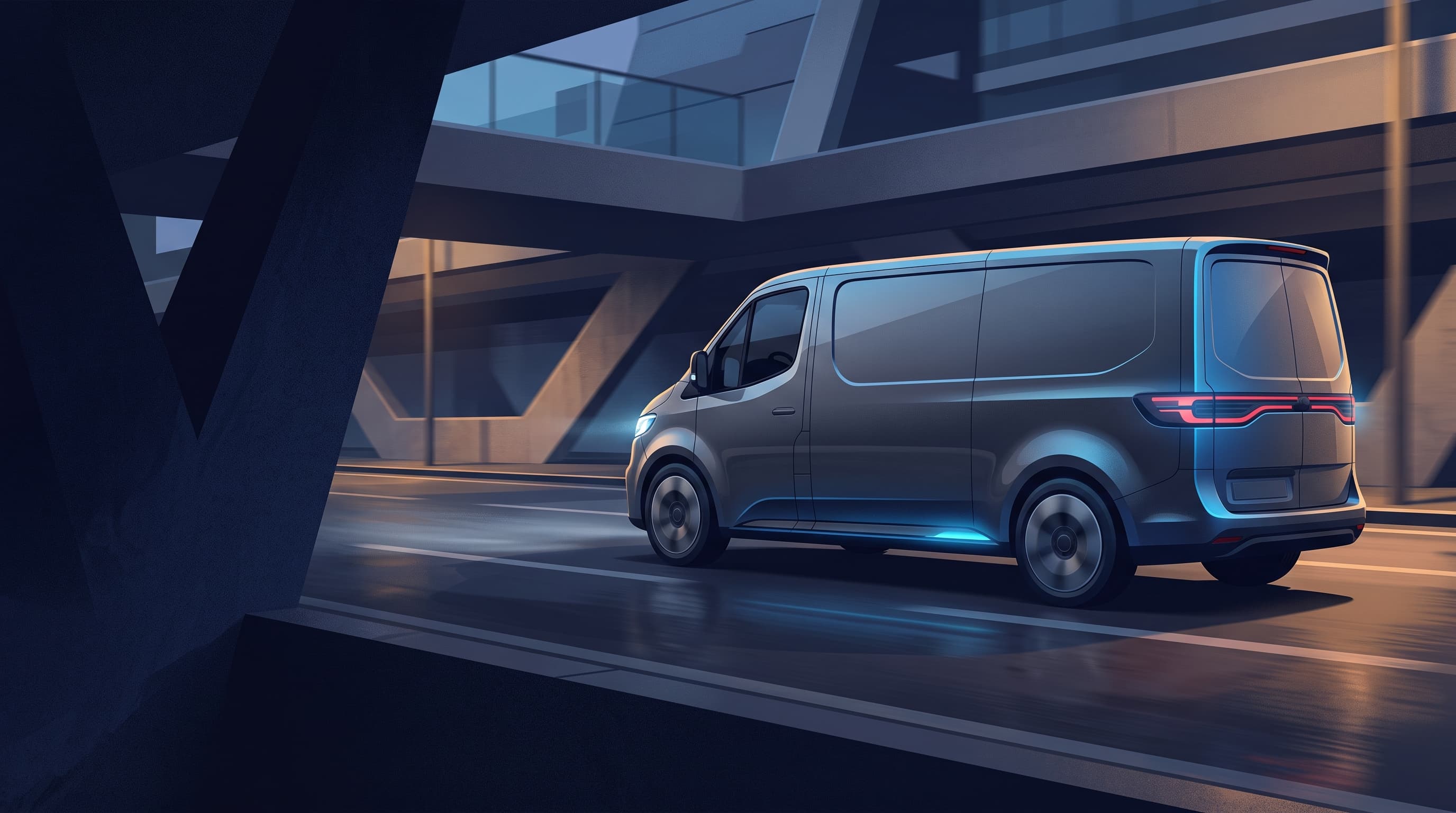 AI-generated editorial illustration of a Mercedes-Benz-inspired vehicle for 2027 Ford E-Transit Preview: Clean Electric Utility for Dedicated Fleets
