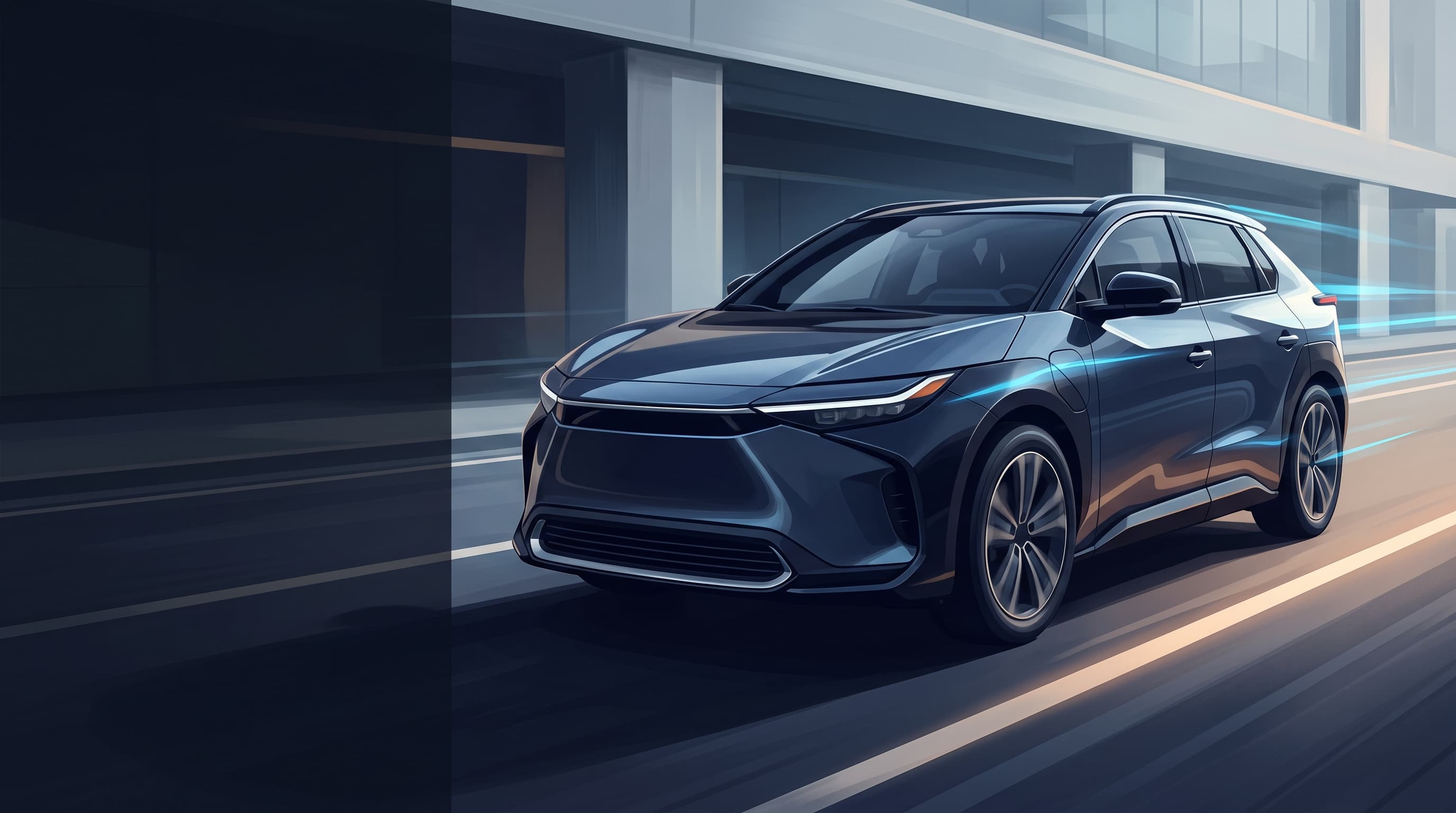 AI-generated editorial illustration of a Toyota-inspired vehicle for Electrek Podcast Tackles Tesla Earnings, FSD Speeding Ticket, and Toyota’s EV Shift