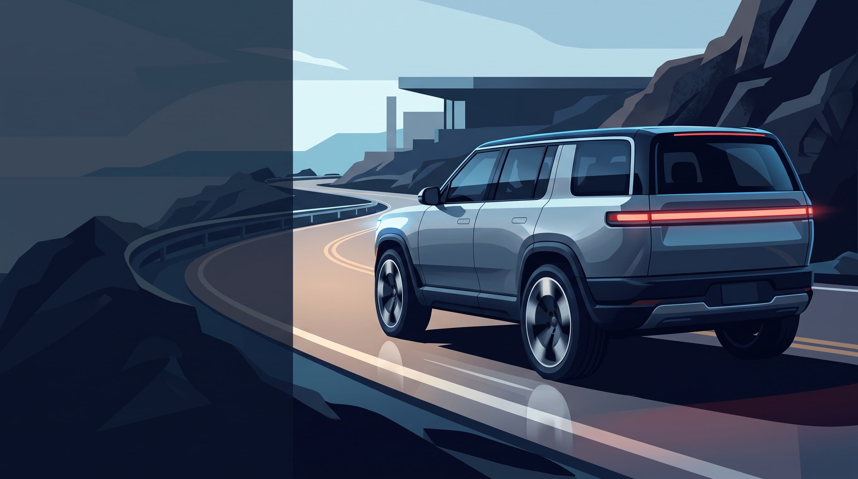 AI-generated editorial illustration of a Rivian-inspired vehicle for Tested: 2027 Rivian R2 Performance AWD Launch Edition Delivers Big Value in a Smaller Package