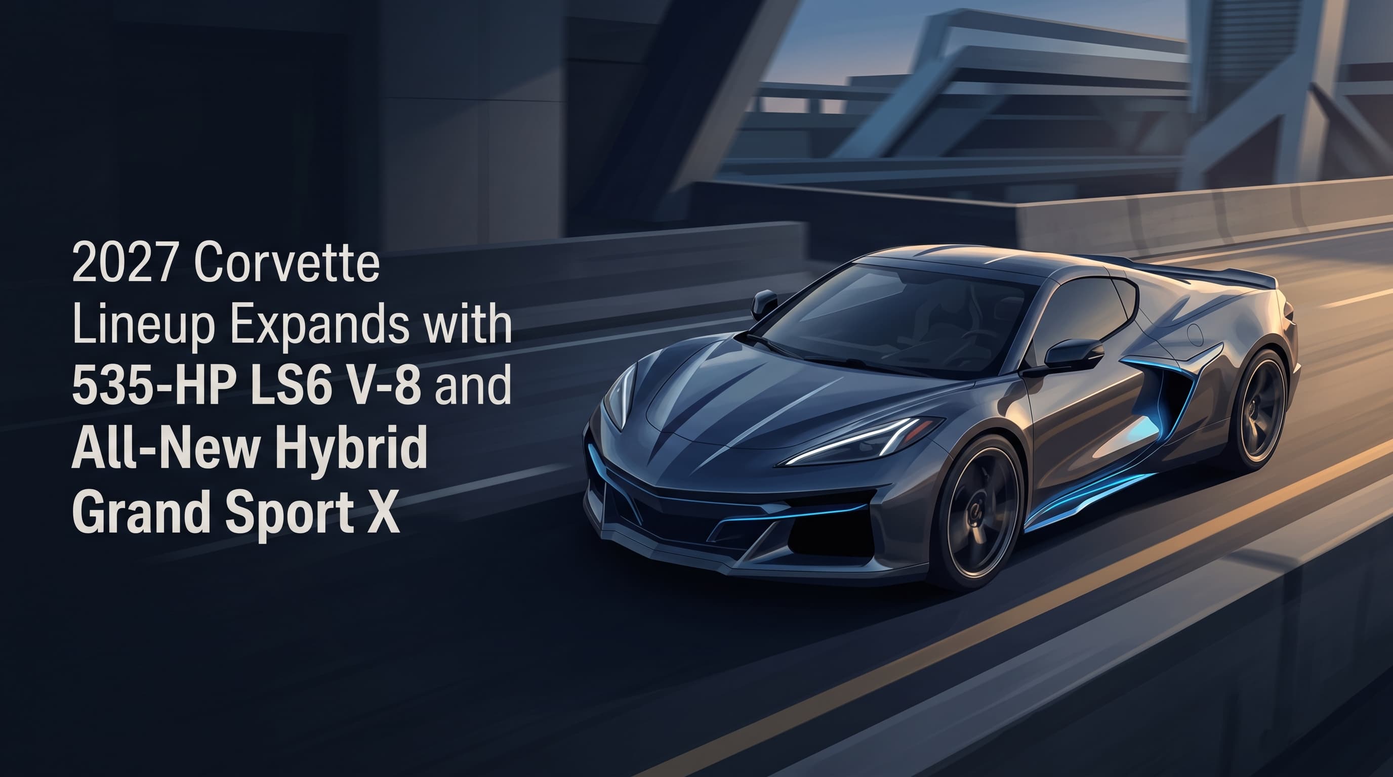 AI-generated editorial illustration of a Chevrolet-inspired vehicle for 2027 Chevrolet Corvette Lineup Expands with 535-HP LS6 V-8 and All-New Hybrid Grand Sport X