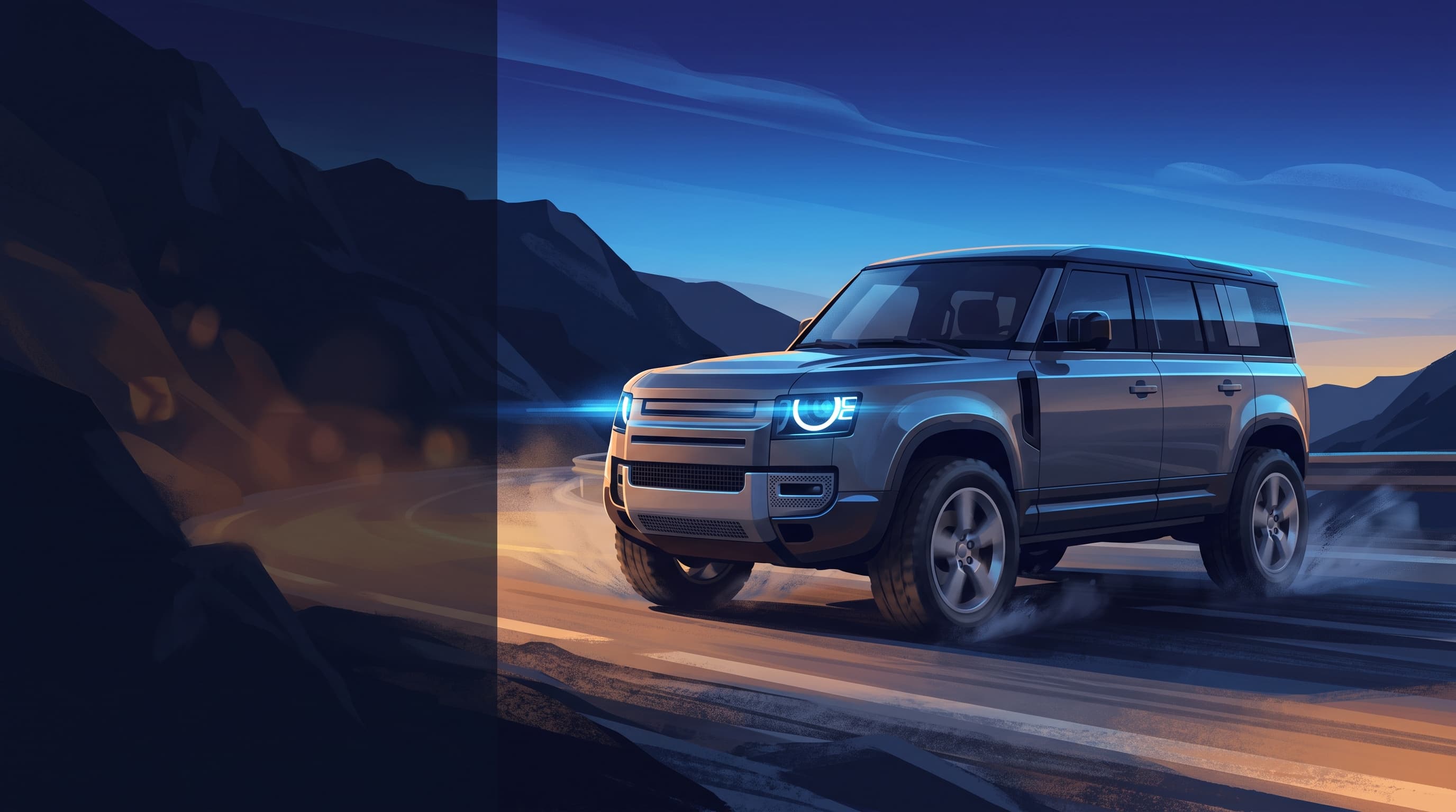 AI-generated editorial illustration of a Land Rover-inspired vehicle for Quad-Motor Electric Land Rover Defender Restomod Claims 375 Miles of Range