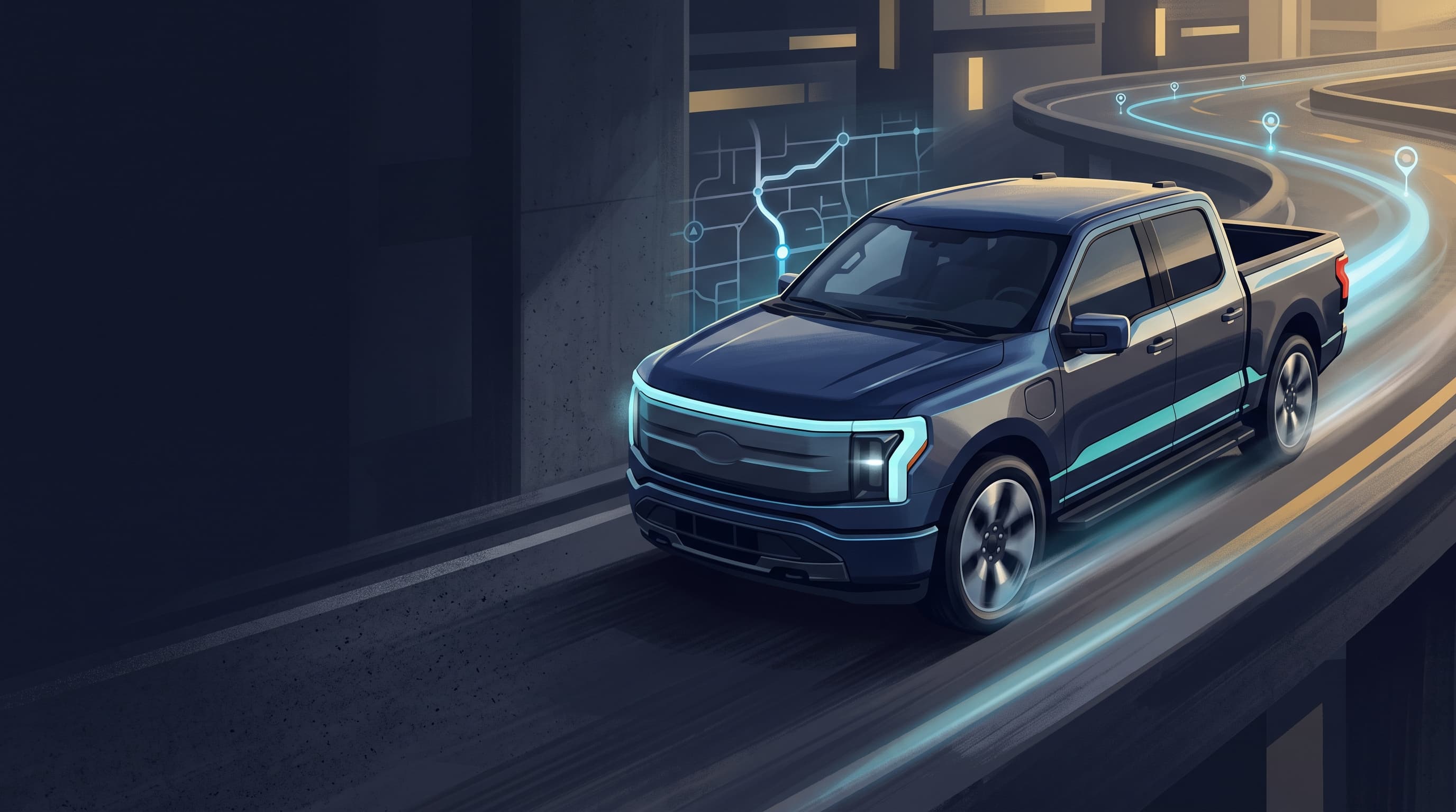 AI-generated editorial illustration of a Ford-inspired vehicle for Ford Pairs $30K Electric Truck Platform with Apple Maps Navigation