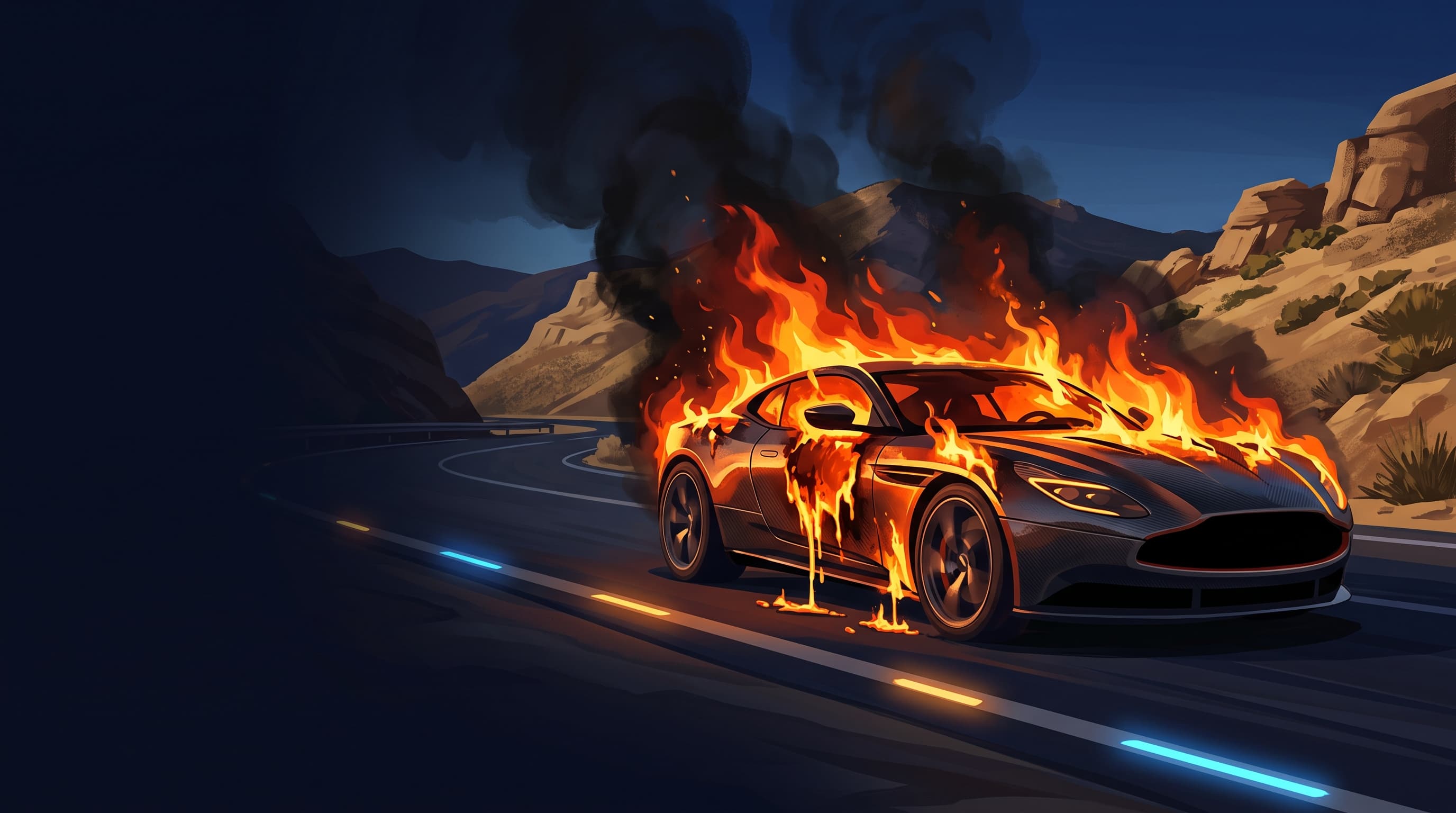 AI-generated editorial illustration of a Mercedes-Benz-inspired vehicle for Mercedes-AMG GT Facelift Prototype Destroyed in Hot-Weather Testing Fire