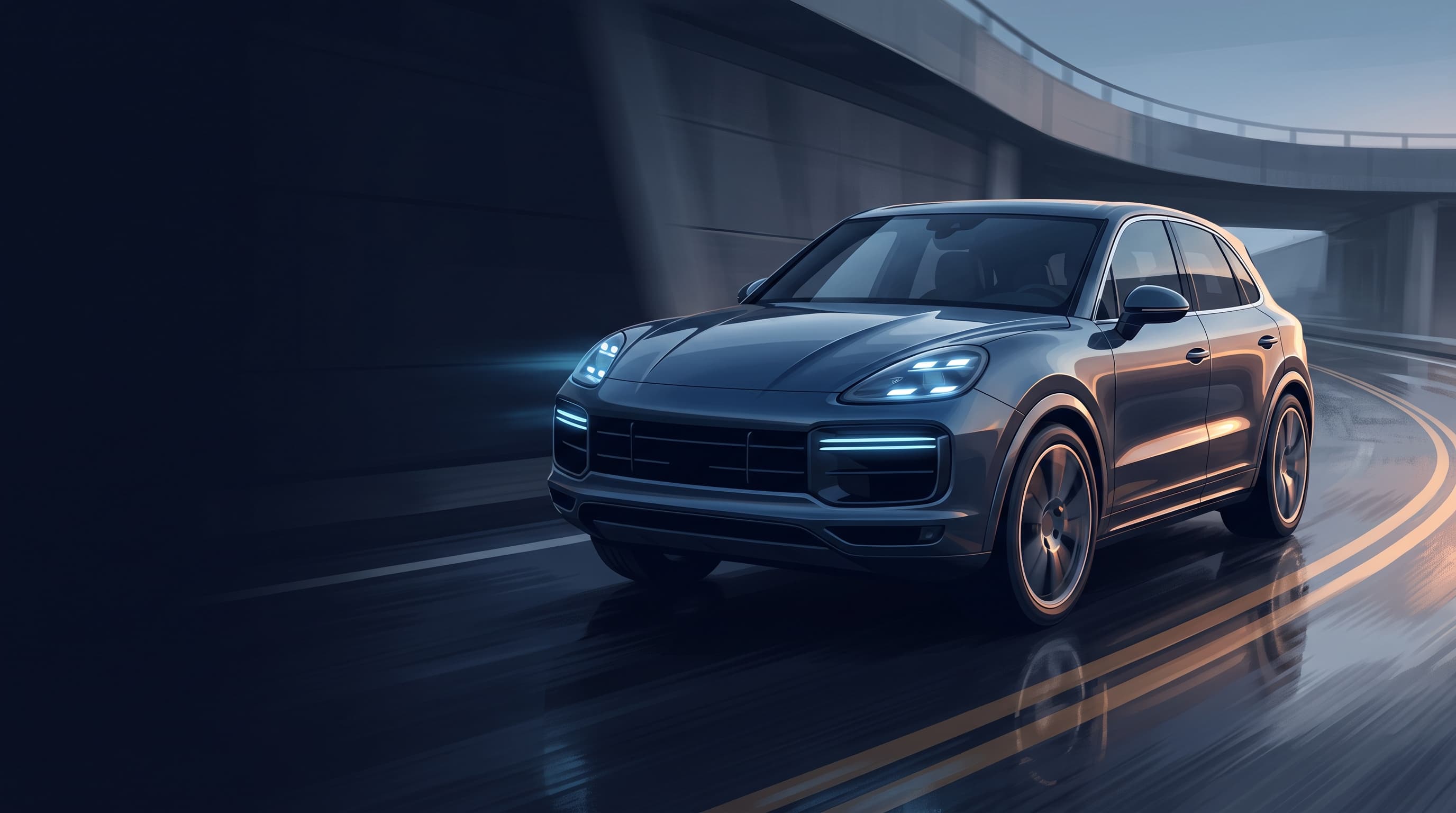 AI-generated editorial illustration of a Porsche-inspired vehicle for Porsche Cayenne Turbo EV Hits 60 MPH in 2.1 Seconds in Independent Testing