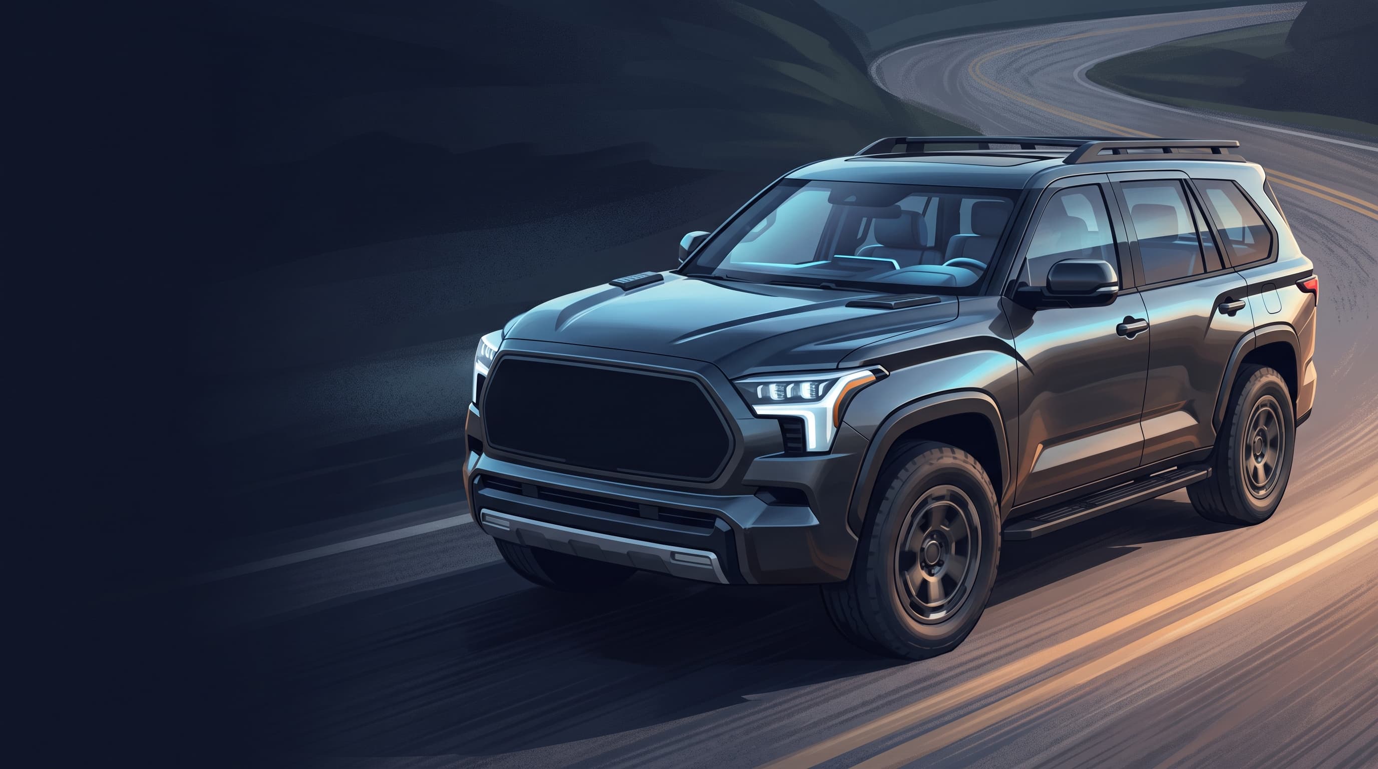 AI-generated editorial illustration of a Toyota-inspired vehicle for 2027 Toyota Sequoia Refreshed with Trailhunter Trim and 14-Inch Display