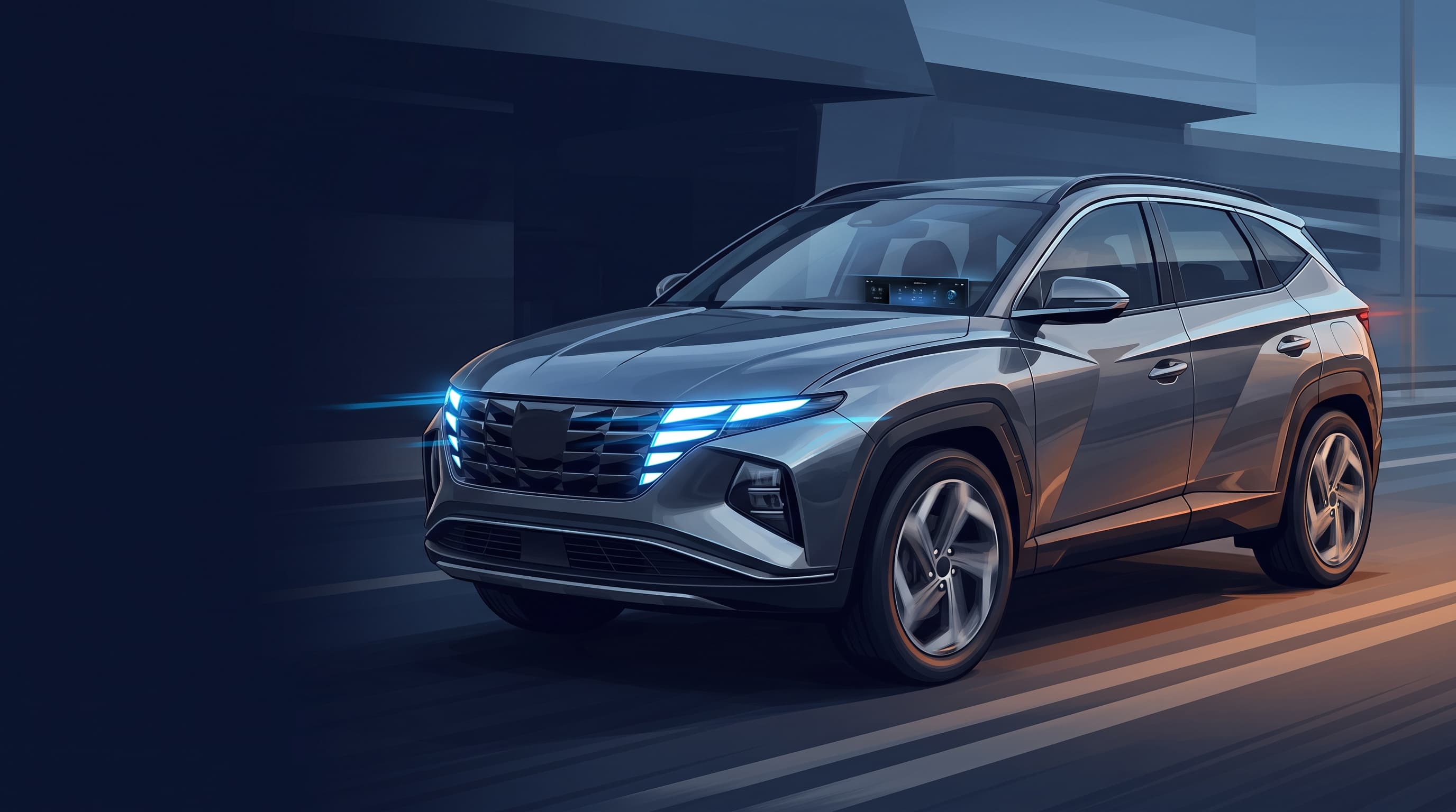 AI-generated editorial illustration of a Hyundai-inspired vehicle for Bigger Next-Generation Hyundai Tucson Spied Ahead of Expected 2026 Debut