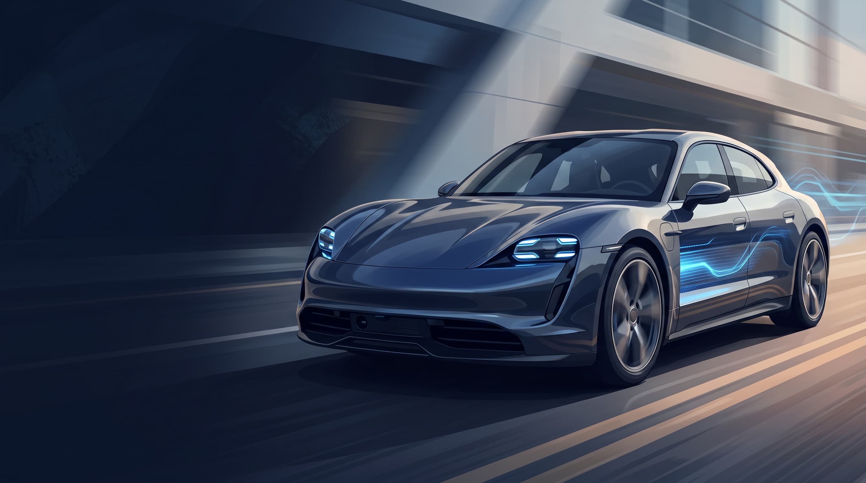 AI-generated editorial illustration of a Porsche-inspired vehicle for 2027 Porsche Macan Electric: Power, Range, and Performance Tech