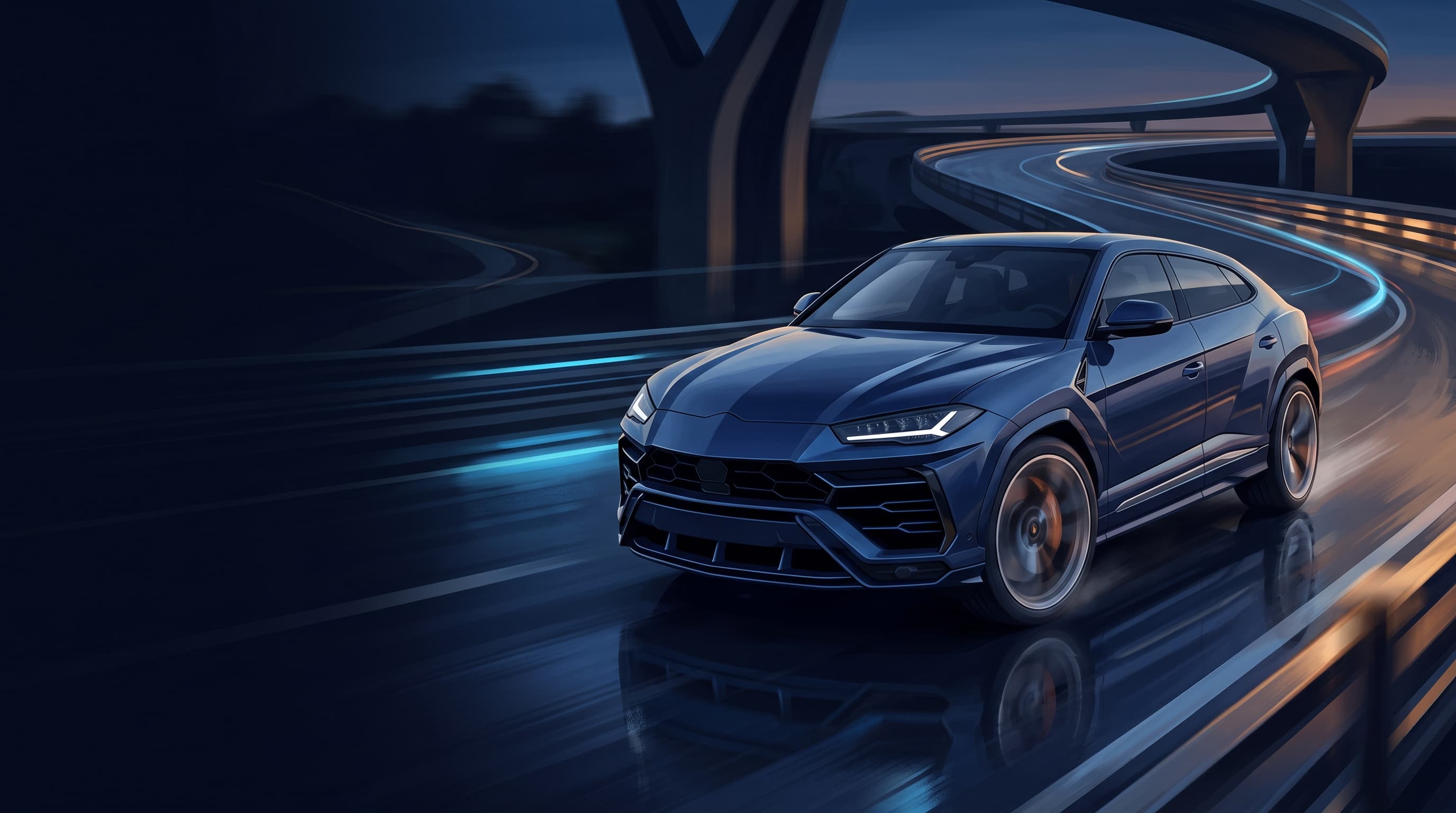 AI-generated editorial illustration of a Lamborghini-inspired vehicle for 2027 Porsche Cayenne Turbo Electric Sets SUV Performance Records in Car and Driver Testing