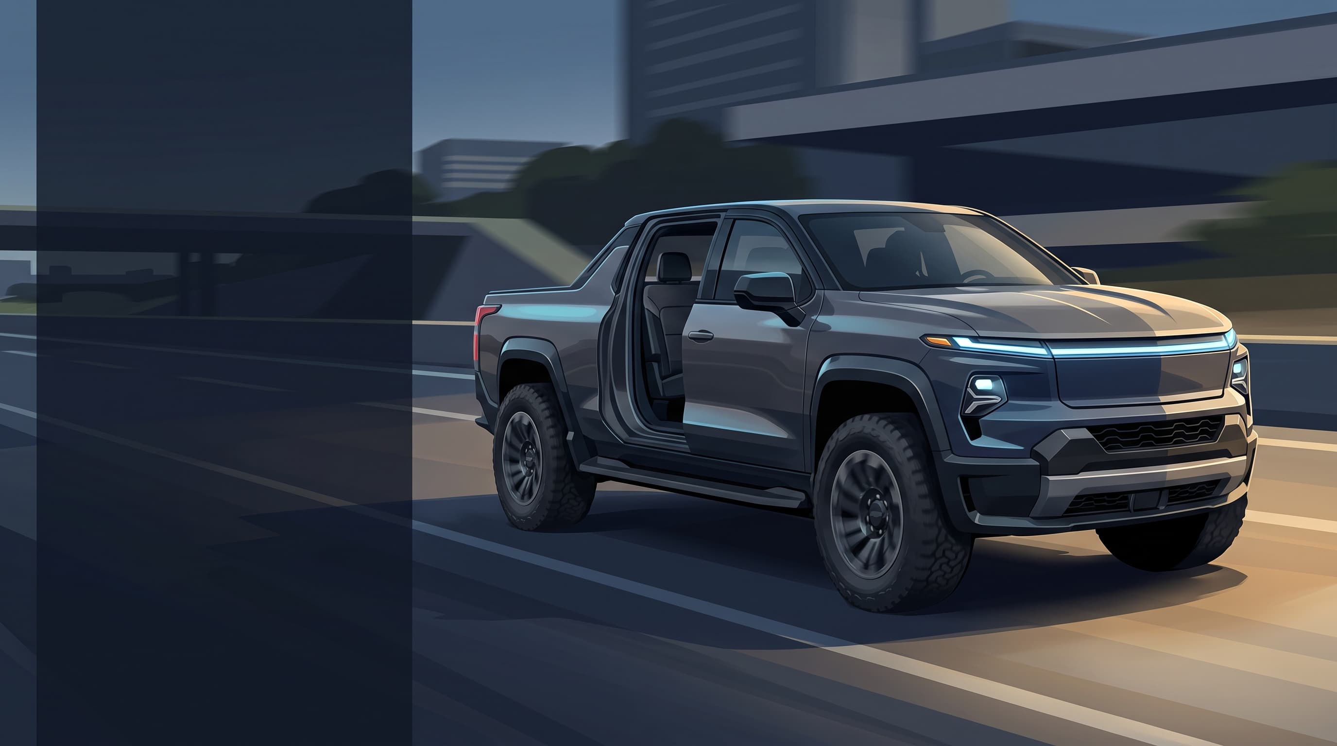AI-generated editorial illustration of a Chevrolet-inspired vehicle for GM's Midgate Pro Proves to Be a Standout Feature for EV Trucks