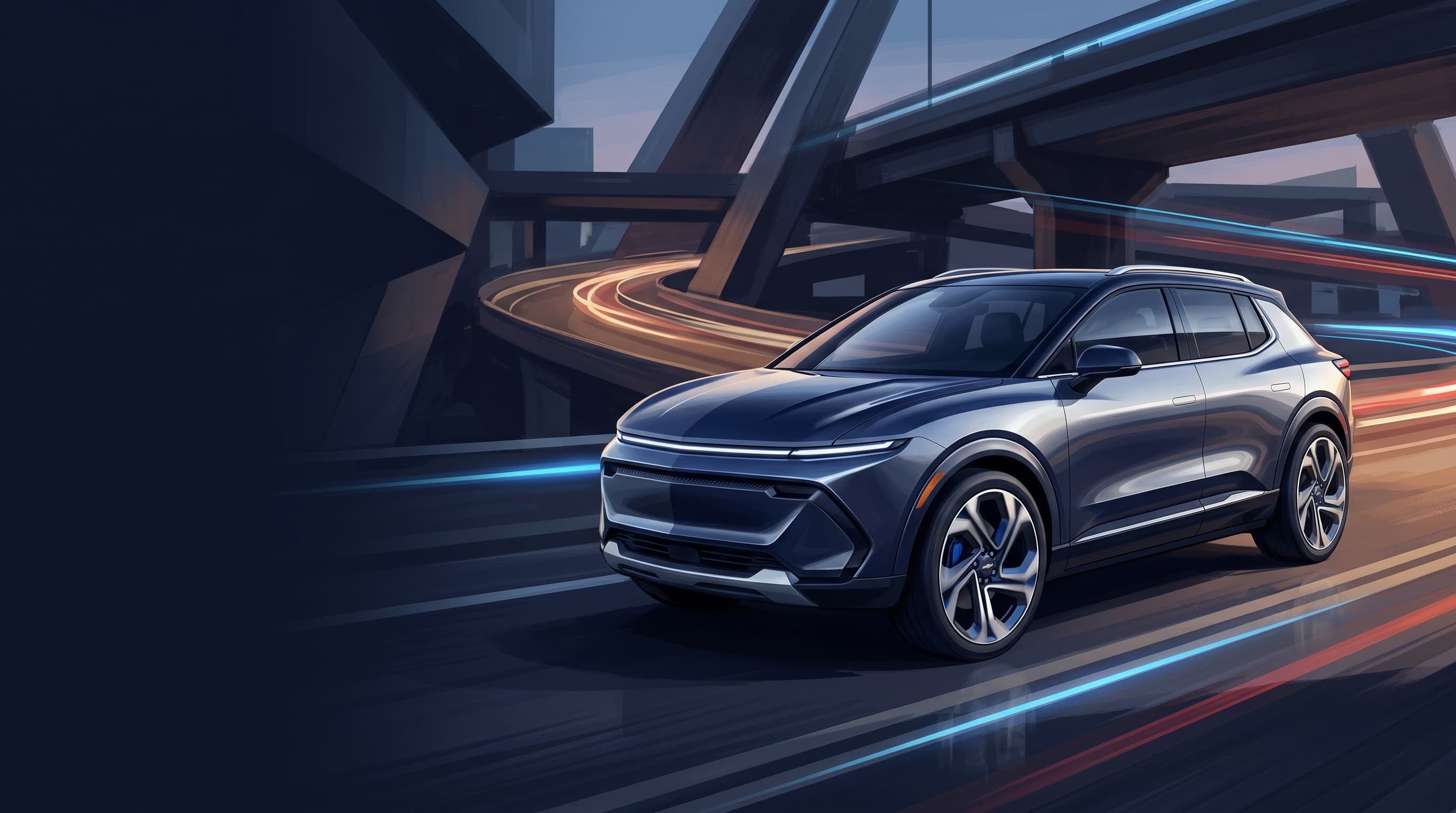 AI-generated editorial illustration of a Chevrolet-inspired vehicle for Chevrolet Already Planning Next-Generation Equinox EV, Report Says